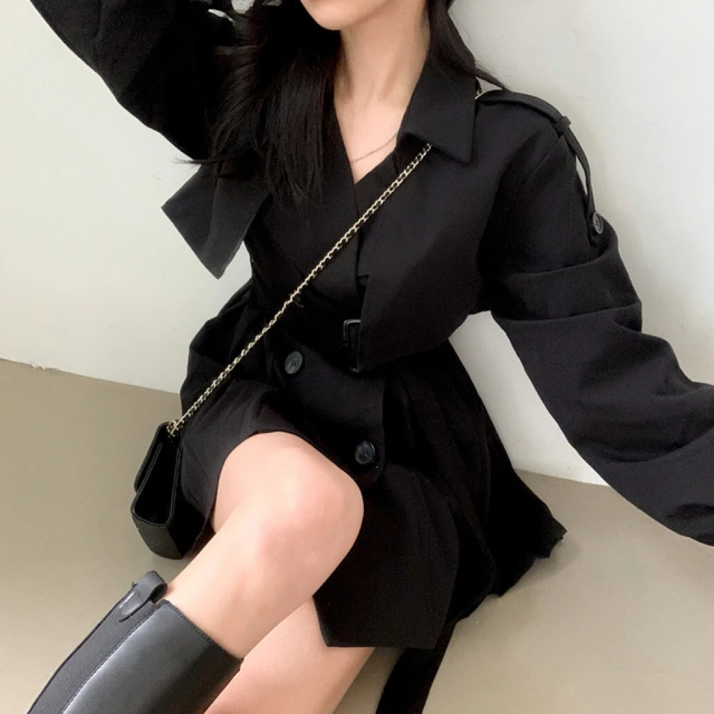 Gabardina elegante y plisada de estilo coreano para mujer, vestido con cinturón, cuello vuelto, doble botonadura, liso, para otoño