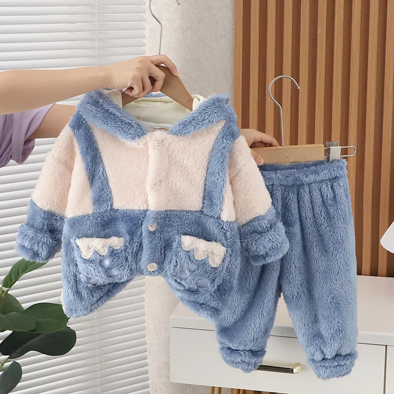 

Boys Clothes Sets Sleepwear Winter Children Thick Velvet Coats Hoodies Pants 2pcs Pajamas Suit For Baby Girl Home Wear Tracksuit
