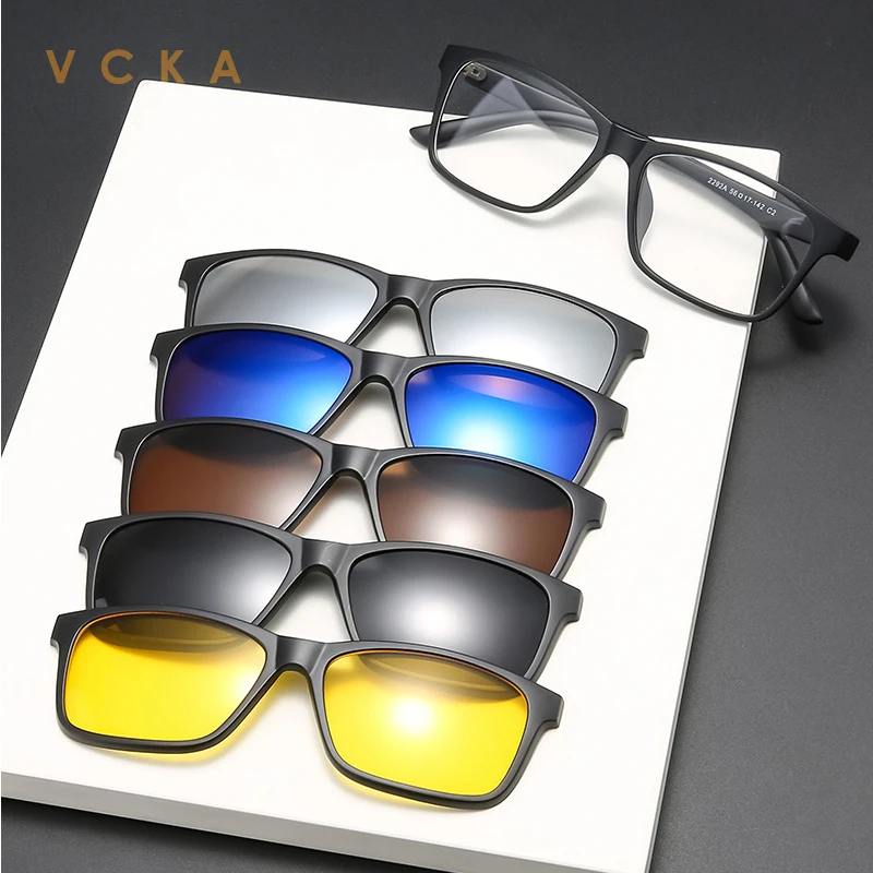 

VCKA 6 In 1 Men Women Polarized Optical Magnetic Sunglasses Clip on Magnet Prescription Myopia TR90 Glasses Frame -0.5 TO -6.0
