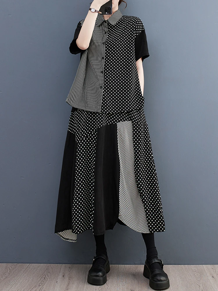 Polka Dot Stripe Print Summer Casual 2 Two Piece Set Short Sleeve Loose Blouse Women Shirt Top Fashion Clothing Skirt Suit 2025