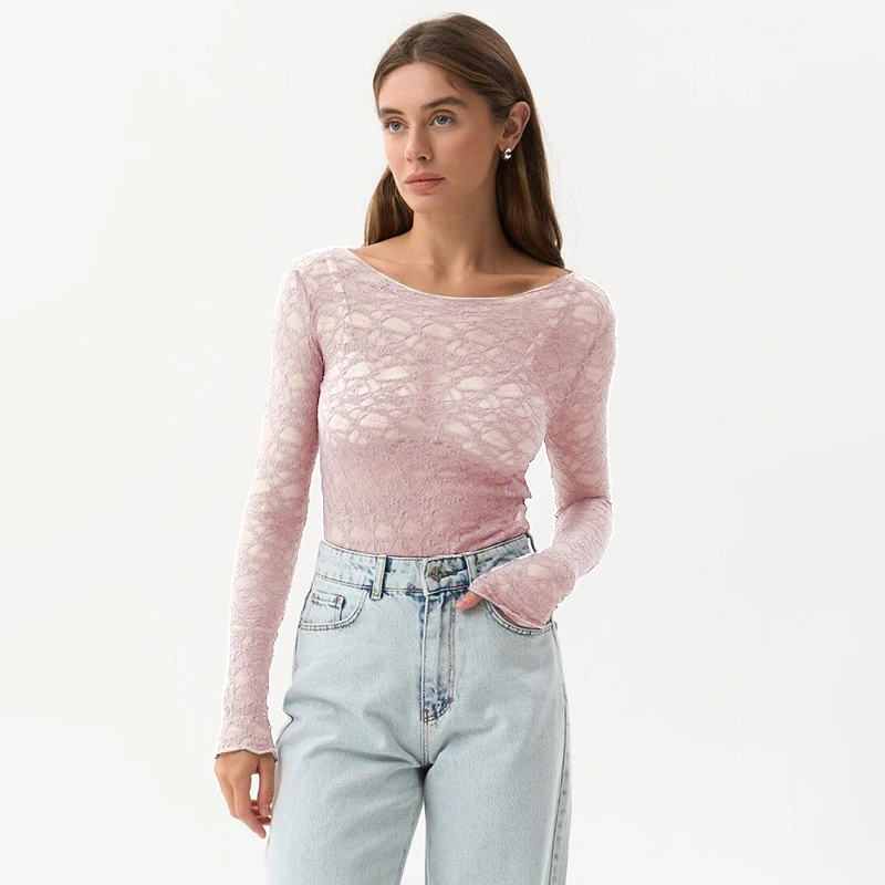 CUTENOVA Lace Women'S Tops Hollow Out Basic Casual Elegant Long Sleeve Tops See-Through Party For Sexy Lady Fashion Street Tops 5