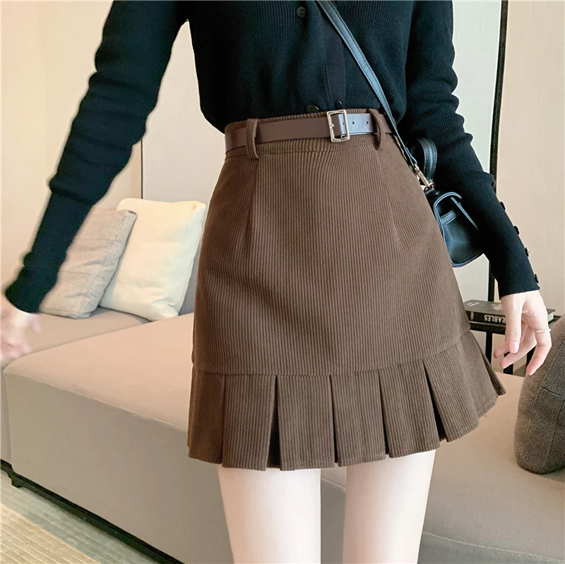 Circyy Mini Skirt Women Corduroy High Waist Solid Designer A-Line Skirts with Belt Spring New Fashion Office Lady Slim Clothes