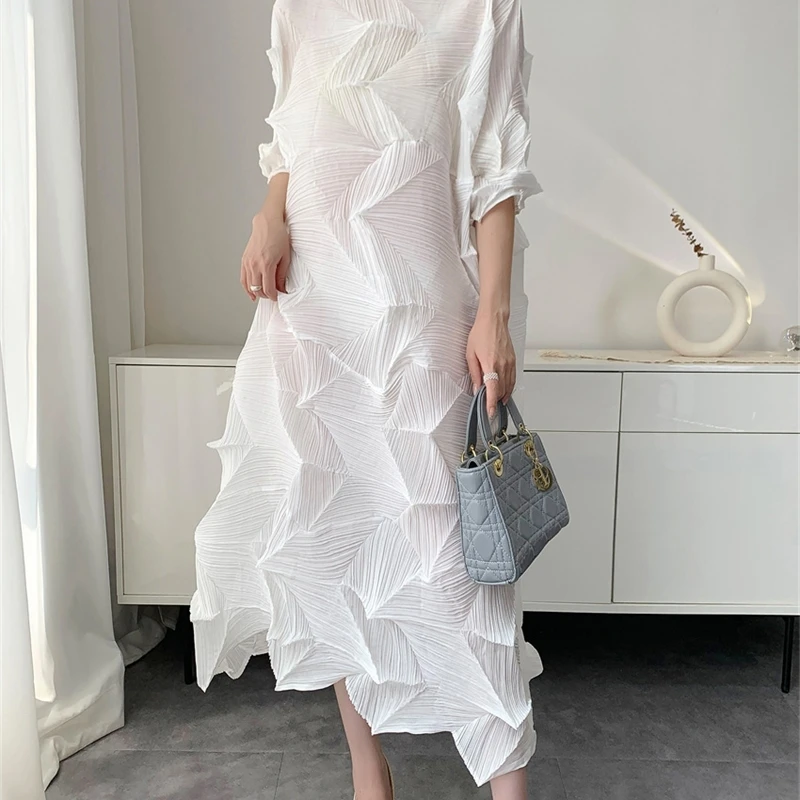 LANMREM Pleated Long Dress For Women Elastic Loose Irregular Pleated Stand Collar Pullover Famale Clothing Half Sleeve 2DB4256 5