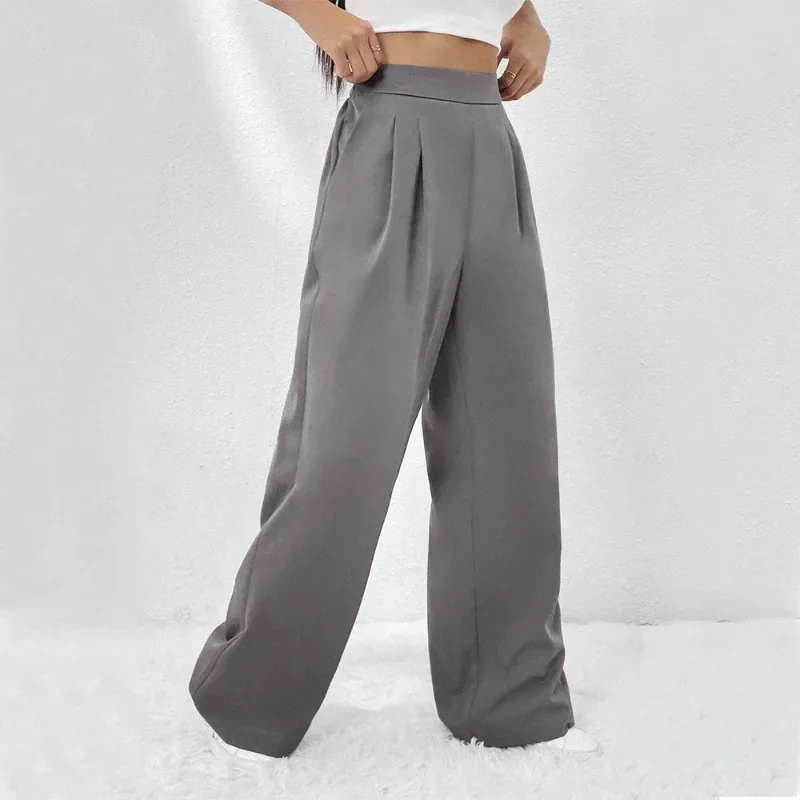 2024 New Women's Elastic Waist Pocket Straight Leg Wide Leg Pants Loose Casual Style Long Pants Korean  Streetwear Women YSQ29