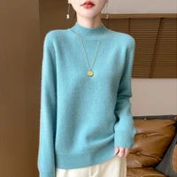 One Line Half Height 100% Andy Velvet Knitted Sweater For Women's Autumn And Winter New Top, Loose Long Sleeved Basic Style GH79 2