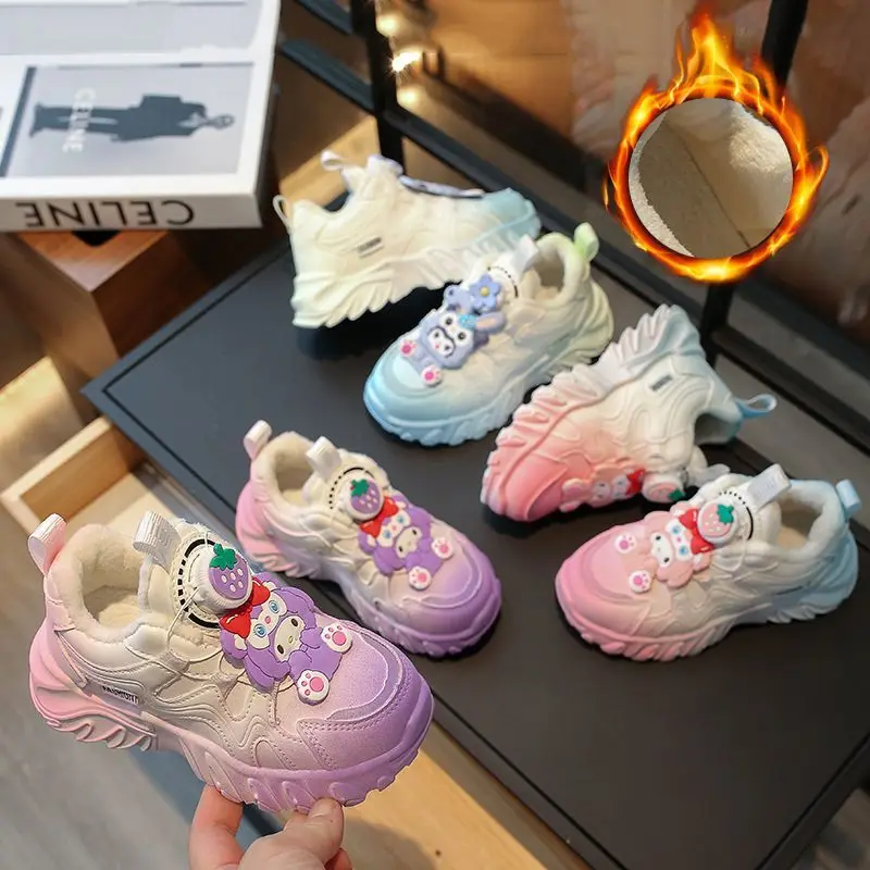 

Kawaii Sanrio Kuromi Cotton Shoes Kids Anime Figure Winter Swivel Button Children's Sports Shoes Plus Velvet Keep Warm New Style
