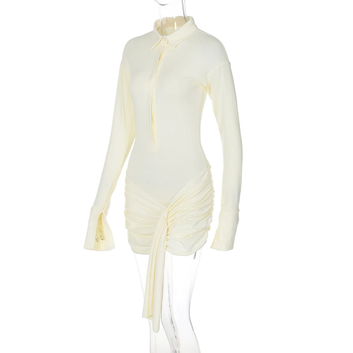 Fashion Sexy See-Through MIni Dress For Women Lapel Pleated See-Through Bandage High Waist Dress Female Solid Mini Dress