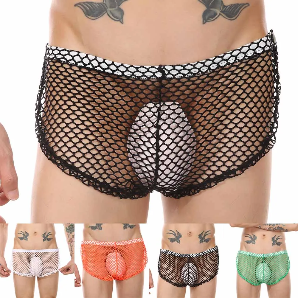 

2022 Men's Sexy Big Mesh Trunks Button Side Underwear Transparent Low Rise Hot Men Boxer Briefs Sissy Panties Erotic Lingerie
