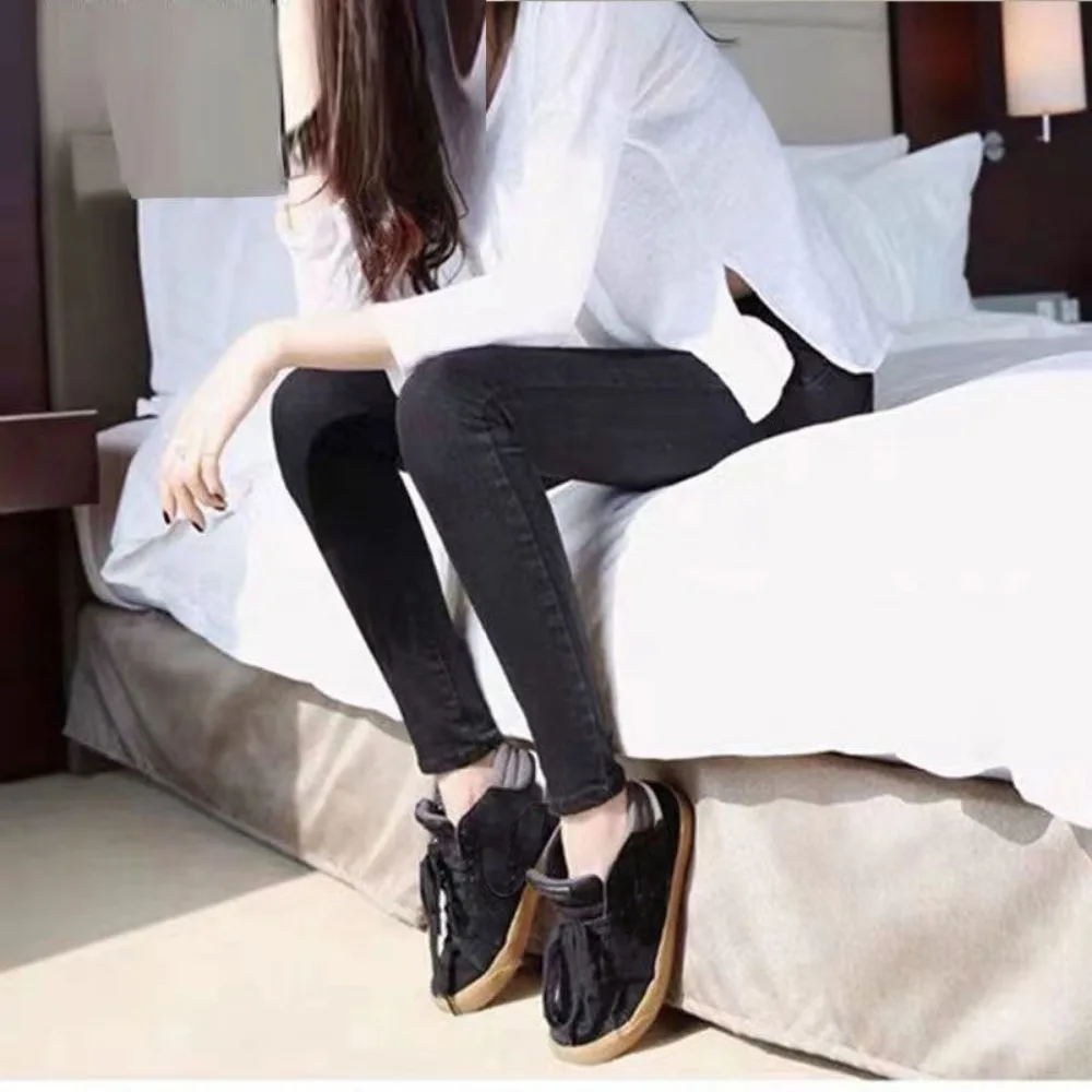 Velvet Invisible Open Crotch Outdoor Sex Jeans Women's High Waist Fit Slim Elastic Tight Pencil Pants Boyfriend Denim Trousers