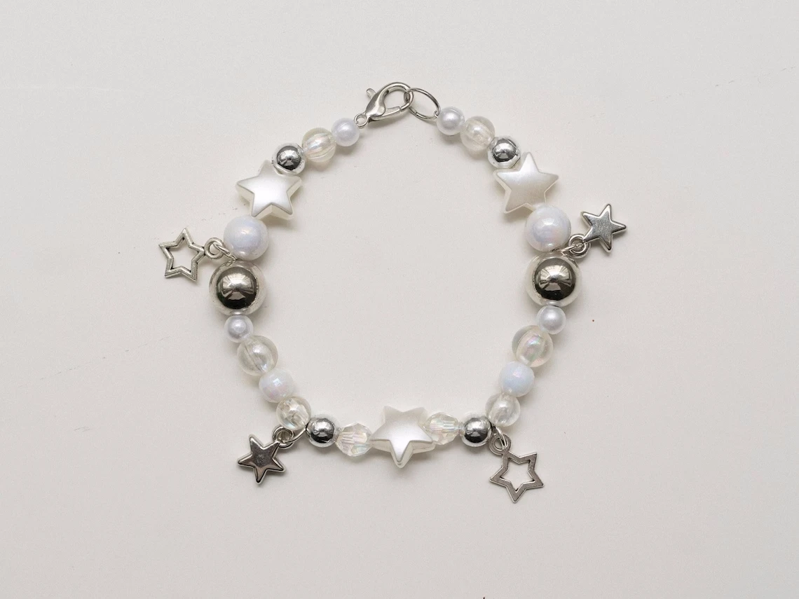 

Handmade star girl bracelet | Y2K chrome silver white stars charms dangling bracelet