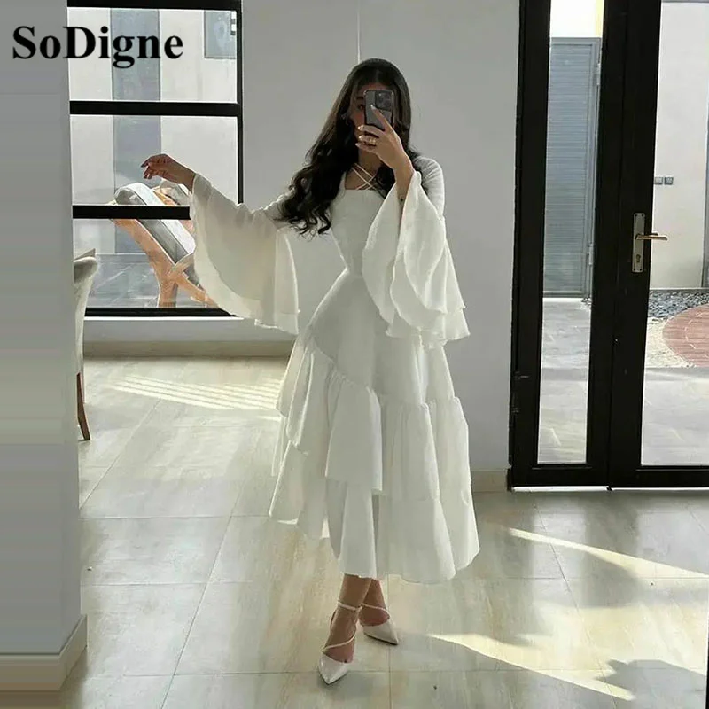 

SoDigne Arabic Tiered Evening Dresses Long A Line Tea Length Abendkleider Dubai Ruffles Elegant Party Dresses for Women 2023