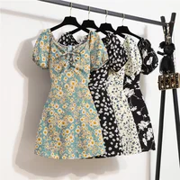 Women Mini Dresses Summer Fashion Female Vestidos Print Floral Chiffon Dresses Shirring Pleated Short Puffy Sleeve Casual Dress 1