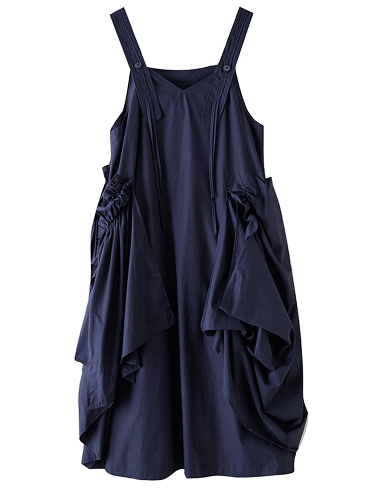 Sleeveless Pleated Black Vintage Straps Dresses For Women New Loose Casual Spring Autumn Dress Robe Elegant Fashion Clothes 2025