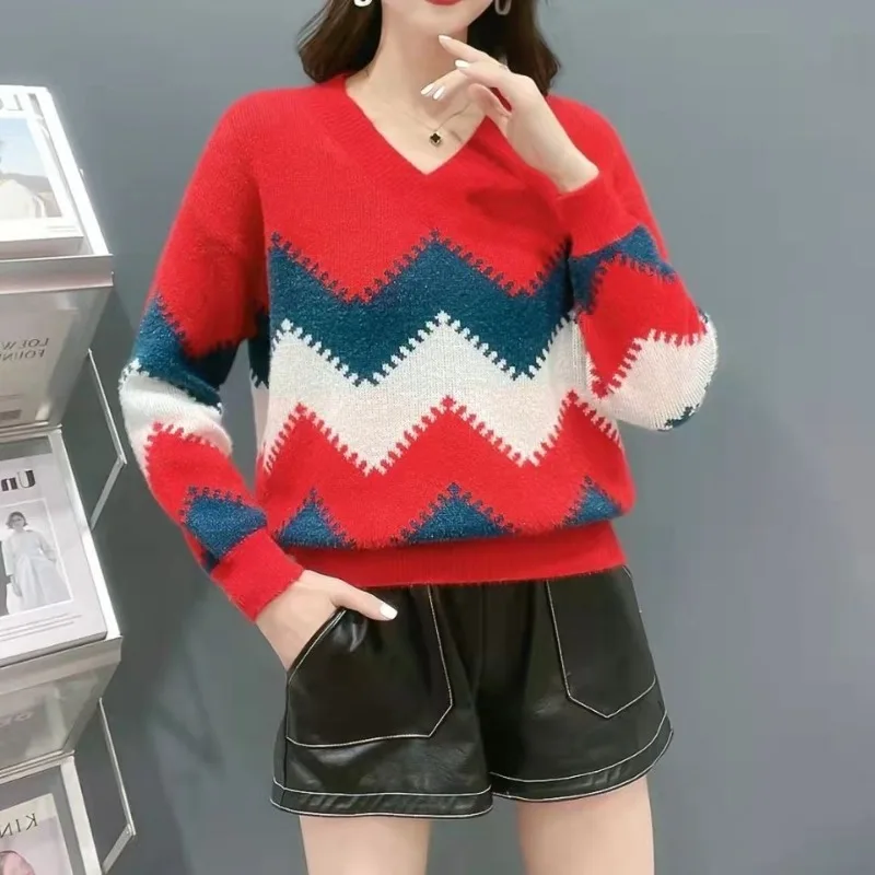 

Autumn Winter Women's Sweater Pullover 2023 Stripe Print V Neck Oversize Jumper Vintage Knitted Sweaters for Women Q752