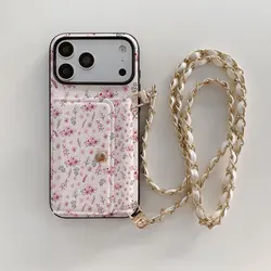 Vintage Floral Lanyard Wallet Case - PU Leather Full Coverage Mobile Phone Case - iPhone 14 Pro (Pink)
