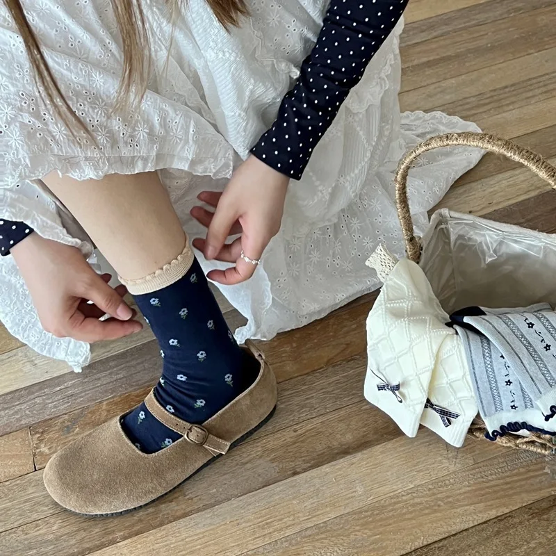3 Pairs Causal Cute Light Vintage Navy Blue Bow Korean Socks Women's Mid-tube Sock Simple Comfortable Daily Commute Stocking – Detail 10