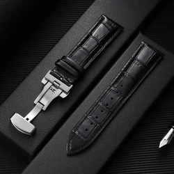 Elegant Leather Watchband with Butterfly Clasp - Versatile and Stylish Watch Accessory - 22mm (Black - Silver)
