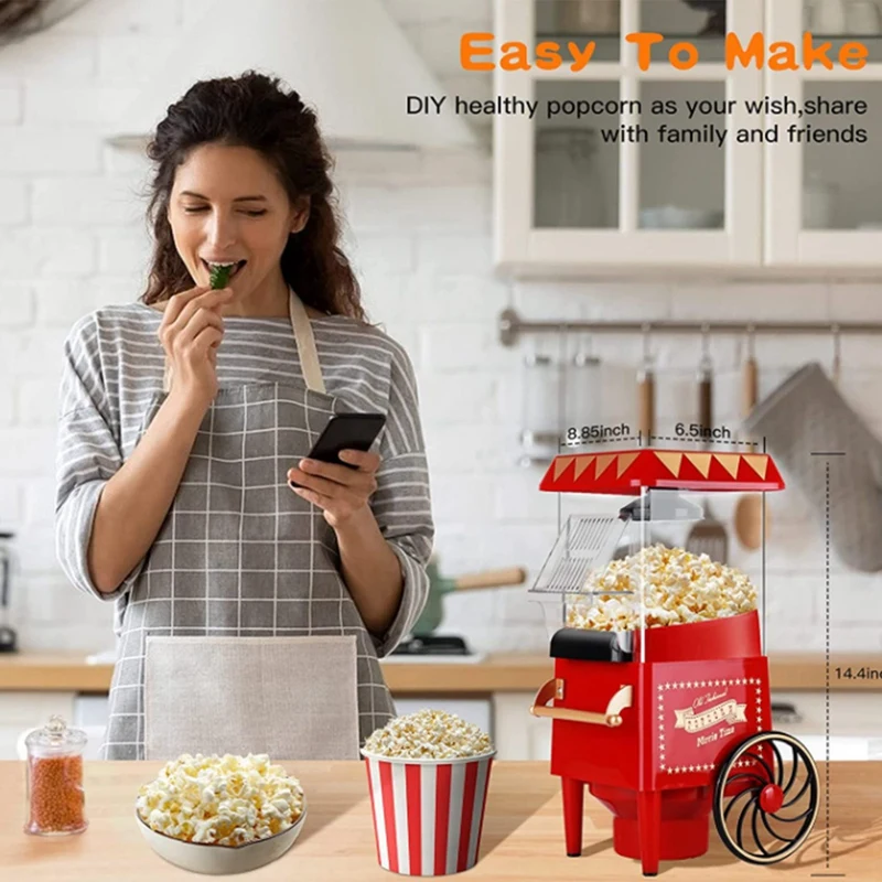 Popcorn Maker,Hot Air Popcorn Machine Vintage Tabletop Electric Popper, Healthy and Quick Snack for Home EU Plug