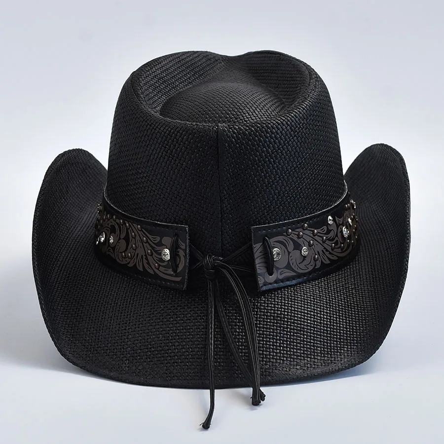 Men's Women's Vintage Straw Western Cowboy Hat Handmade Weaving Summer Beach Sun Hat Gentleman Lady Cowgirl Jazz