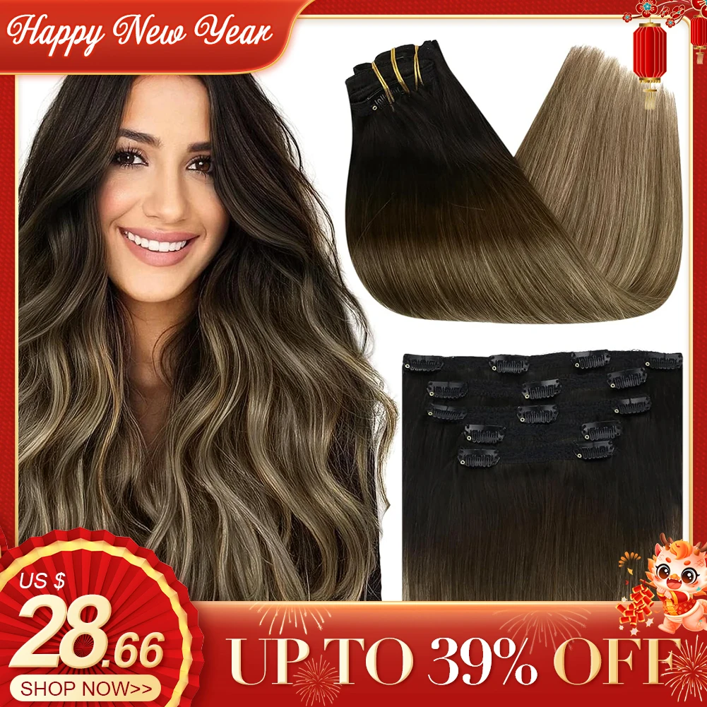 Clip in Hair Extension Human Hair Full Head Brazilian Machine Remy Hairpiece Clips Balayage Blonde 18 Inch Natural Human