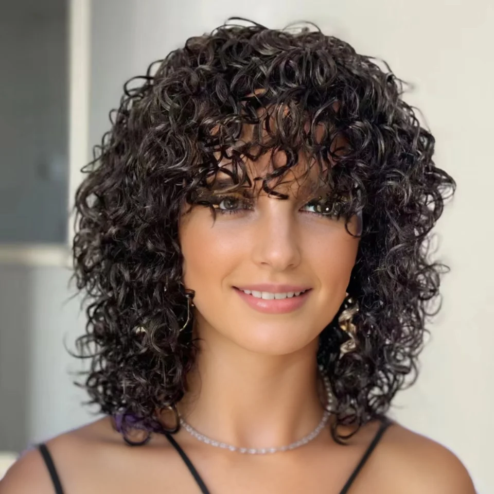 

Glueless Water Wave Human Hair Wigs For Women Human Hair Pixie Cut Curly Bob Wigs With Bangs Fringe Curly Full Machine Made Wigs