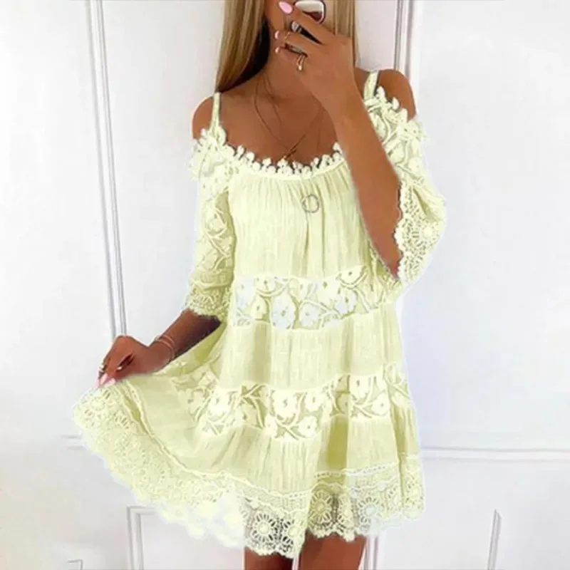 Elegant Women's Lace Dress Crew Neck Short Sleeve Sexy Off-Shoulder Skirt Suspender Fashion 26249