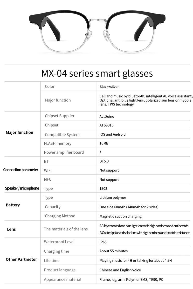 MX04 Intelligent Bluetooth Polarized Smart Glasses earphone Headset Hands-Free Calling Music Anti-BlueLight IP67 FOR IOS Android