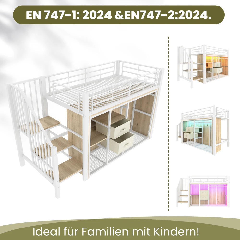 90 * 200 cm großes Etagenbett, mit 2 Schubladen und offenem Kleiderschrank, mehrfarbige LED-Beleuchtung, mehrere Ablagefächer (ohne Matratze) – Detail 29