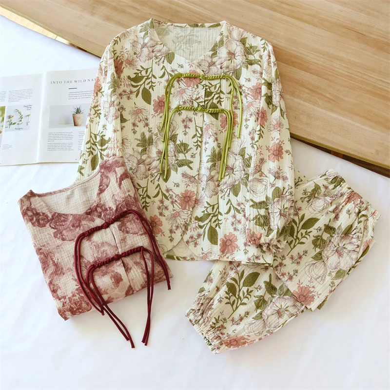 

Chinese Style 100% Cotton Long Sleeved Pants Set Casual Cotton-Yarn Pajamas For Women Printing Sleepwear Pyjama Femme Nightwear