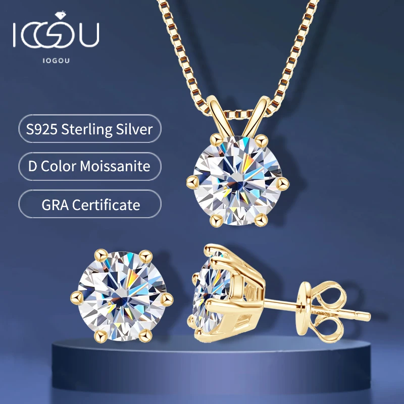 IOGOU réel 925 argent Moissanite ensemble de bijoux plaqué or 0.5-2ct boucles d'oreilles Solitaire pendentif collier ensemble pour femmes hommes cadeau 1 IOGOU réel 925 argent Moissanite ensemble de bijoux plaqué or 0.5-2ct boucles d'oreilles Solitaire pendentif collier ensemble pour femmes hommes cadeau 1