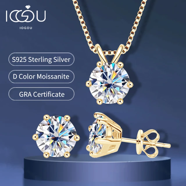 IOGOU réel 925 argent Moissanite ensemble de bijoux plaqué or 0.5-2ct boucles d'oreilles Solitaire pendentif collier ensemble pour femmes hommes cadeau 1