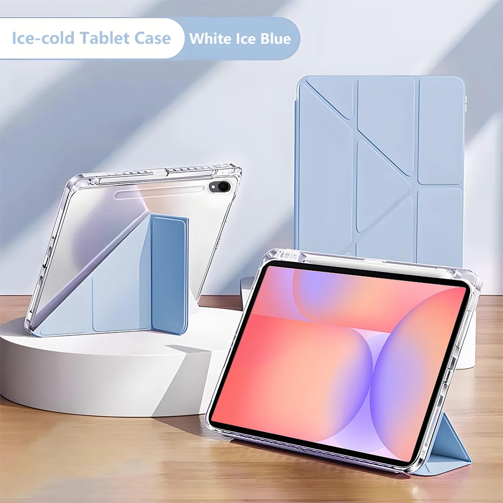 Y Fold Clear Acrylic Tablet Case with Pencil Holder and Auto Sleep/Wake Cover
