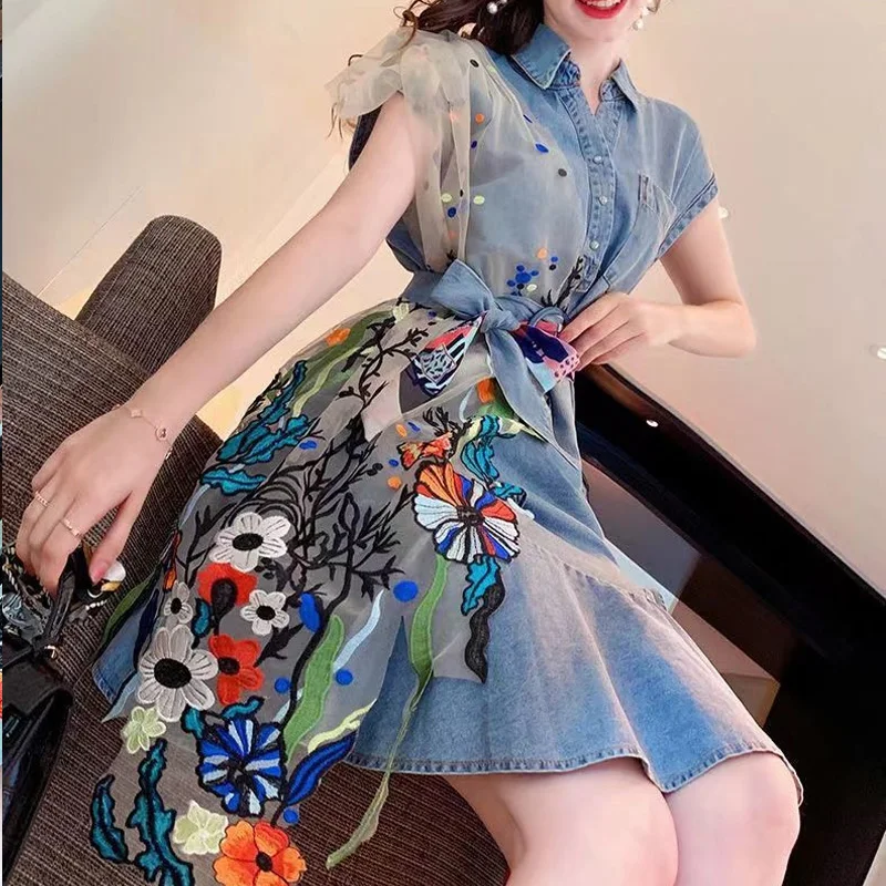 

Summer New Turn-down Collar Fashion Short Sleeve Midi Dress Women High Street Cowboy Cotton Embroidered Lace Patchwork Dresses
