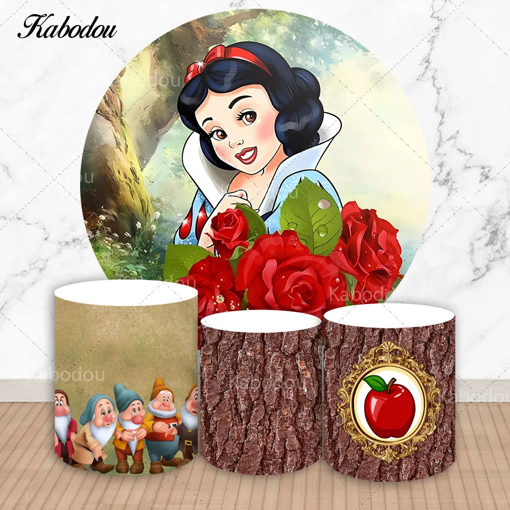 Disney Princesa e os Sete Anões Rodada Fotografia Fundo Branca de Neve Photo Backdrop Capas Cilindro para Meninas Aniversário