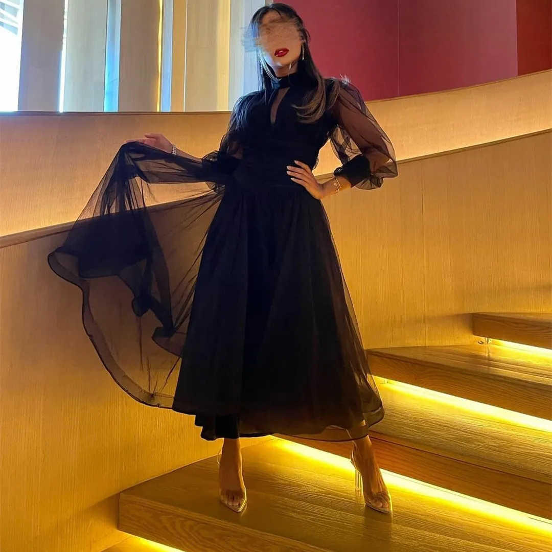 

Elegant Short Tulle Black Evening Dresses A-Line High Neck فساتين سهرة Prom Dress Long Sleeve платье на выпускной платье