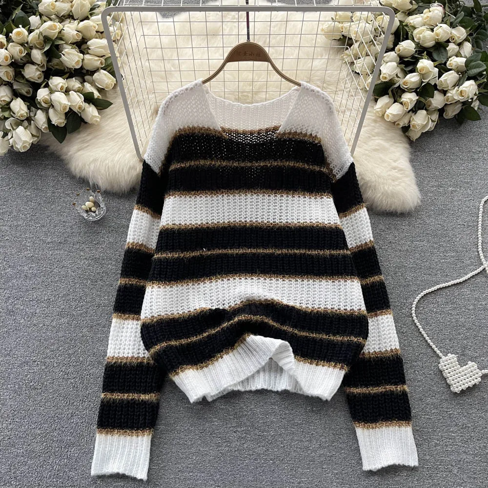 

Autumn and Winter New Striped Loose Lazy Wind Set Head Soft Bump Color Thin Knitted Sweater
