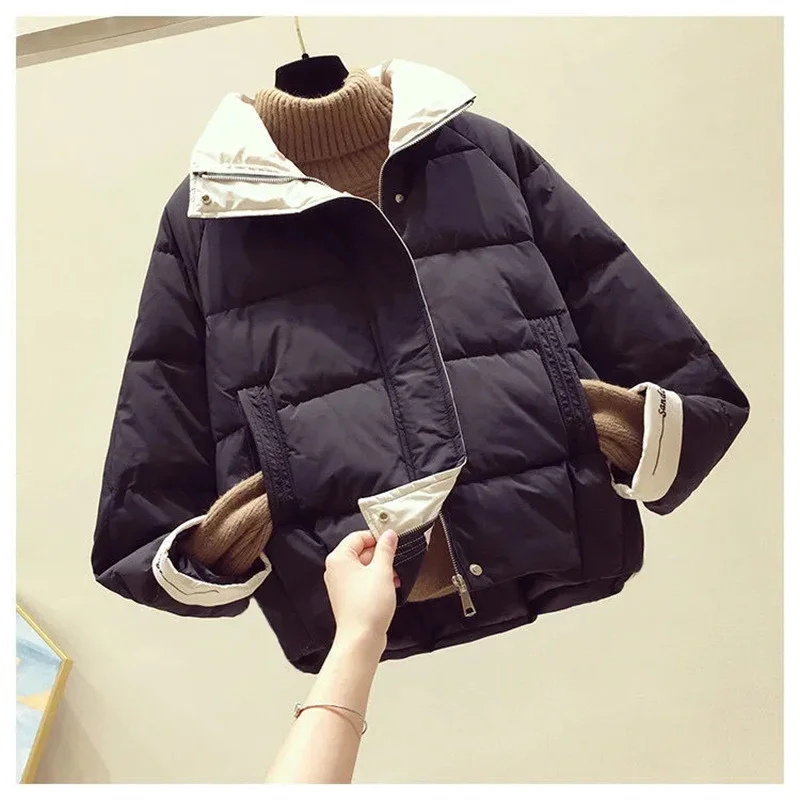 2024 New Women's Wear Korean Version Of Loose Stand Collar Cotton-padded Coat With Thick Bread Suit Contrast Color Jacket
