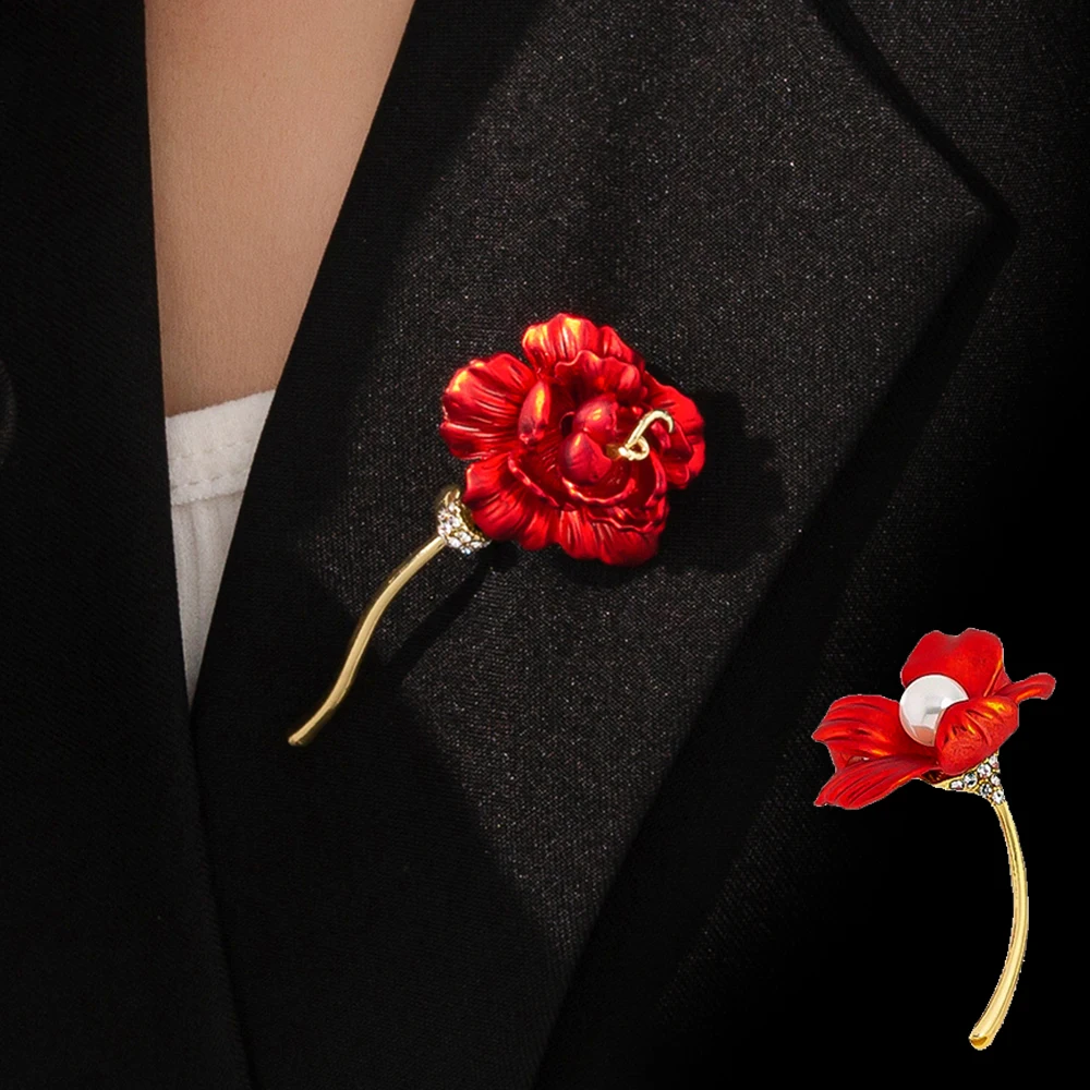 

Charm Pearl Red Rose Brooch Exquisite Metal Lapel Pins for Women Girl Suit Hat Sweater Badge Fashion Jewelry Accessories Gift