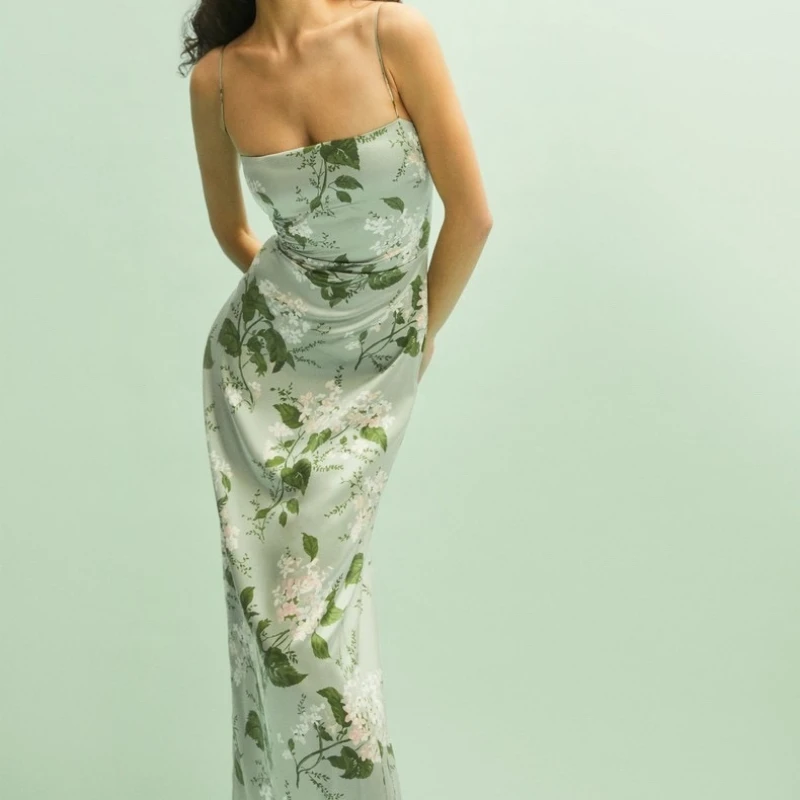 

100% Silk 2023 Spring/Summer Women New Style Printed Girl Style Silk Satin Sand Wash Silk Sling Midi Dress
