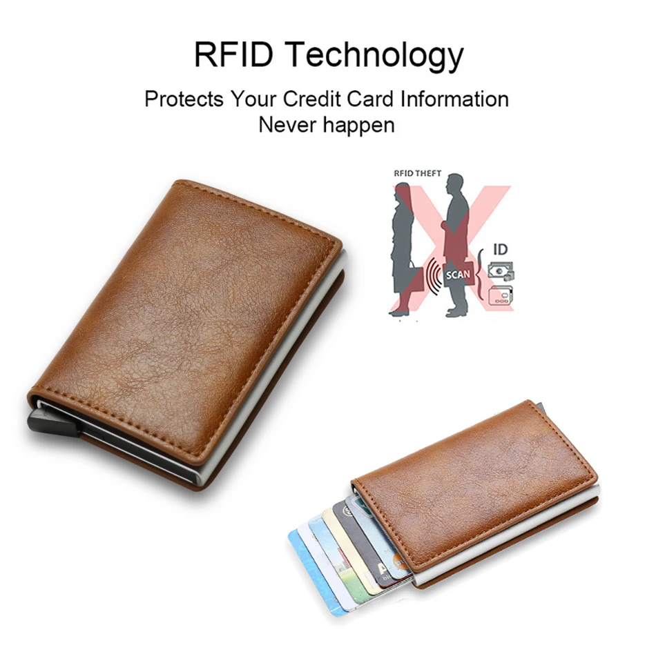 Leather Wallet for Men | Minimalist Wallets with RFID Blocking Layer | Slim & Modern Aluminum Wallet with Push Button for Quick