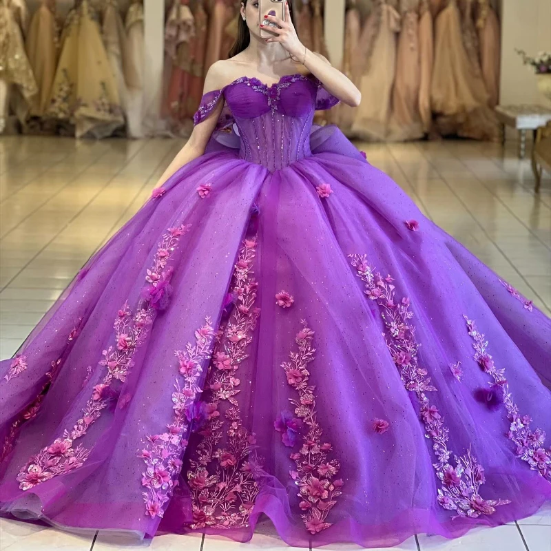 

Luxury Purple Shiny Ball Gown Quinceanera Dresses Appliques Lace Beaded Tull Off Shoulder Sweet 15 Dress Lace-up Vestidos De