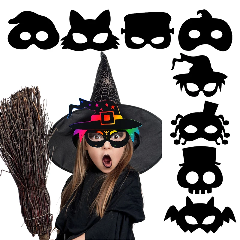 

Magic Rainbow Color Scratch Art Painting Mask Cartoon Pumpkin Ghost Bat Mask DIY Painting Materials Halloween Educational Toys