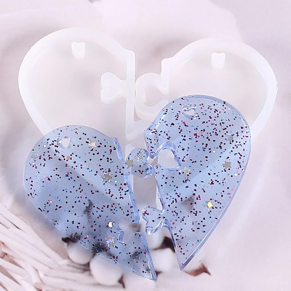

Super Glossy Heart Puzzle Keychain Silicone Mold DIY Cake Trinket Crystal Gum Fondant Molds Earrings Jelly Pudding Candy Pendant