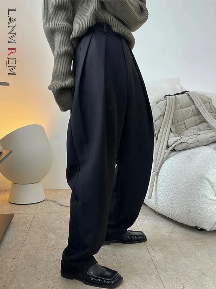 

[LANMREM] Minimalism Pleated Pants For Women High Waist Straight Wide Leg Trousers Casual Female Clothes 2024 Spring New 26D7352