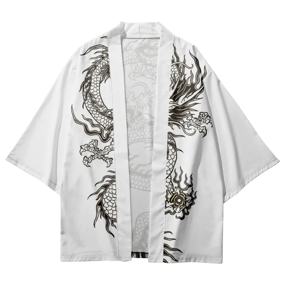 

Dragon Printed White Japanese Kimono Beach Shorts Traditional Anime Clothes Cardigan Cosplay Men Women Yukata Shirt