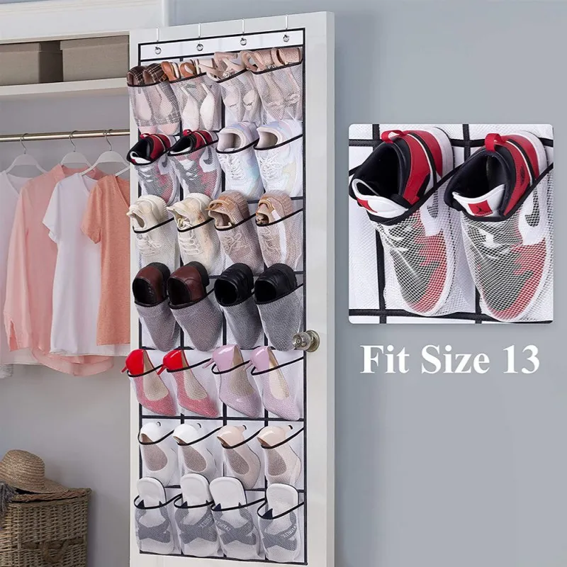 Sundries Shoe Organiser Clear Hanging Over The Door Cloth Fabric Closet Rack Mesh Pocket Box Bag Storage 28 Grid Wall-mounted 4