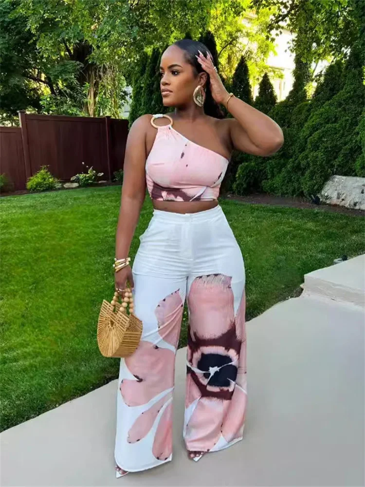 Wmstar Women Two Piece Set Casual Floral Print One Shoulder O Rings Crop Tops Wide Legs Pant Vacation Clubwear Tracksuit Set