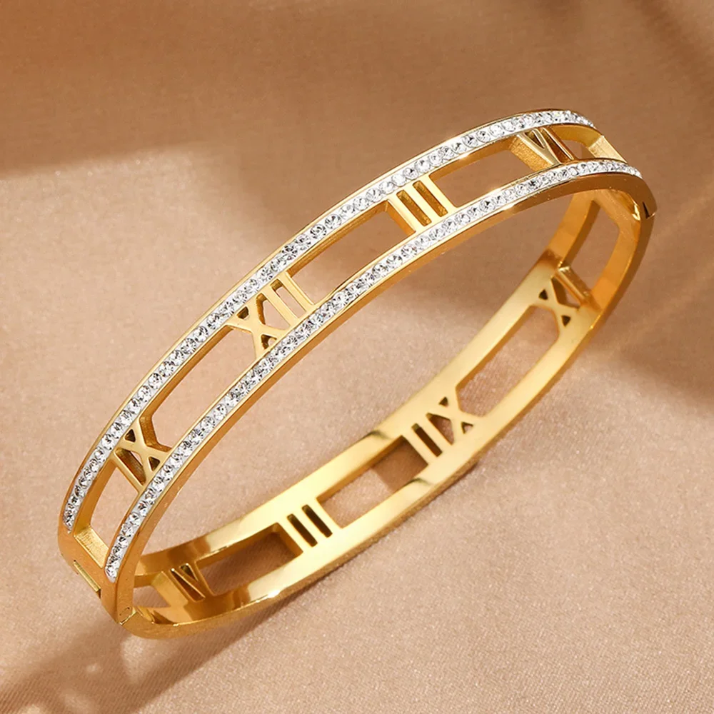 

Luxury Crystal Hollow Roman Numeral Bracelets For Women Men Stainless Steel Unisex Bangle Fashion Classic Jewelry Accessories
