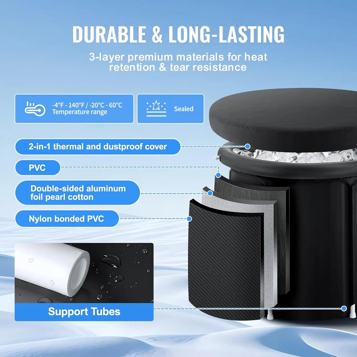 Ice Bath Tub - Cold Therapy for Athlete Recovery, Portable Outdoor Inflatable Folding Tub, 98 Gal, with Cover, 35.4"Lx30"H,Ideal