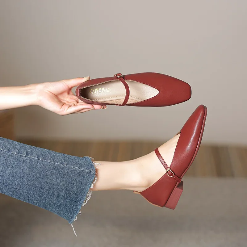 Woman Spring Casual Square Toe Low Shoes Lolita Ballerina Red Flats Female Soft Soled Elegant French Retro Buckle Mary Janes 3
